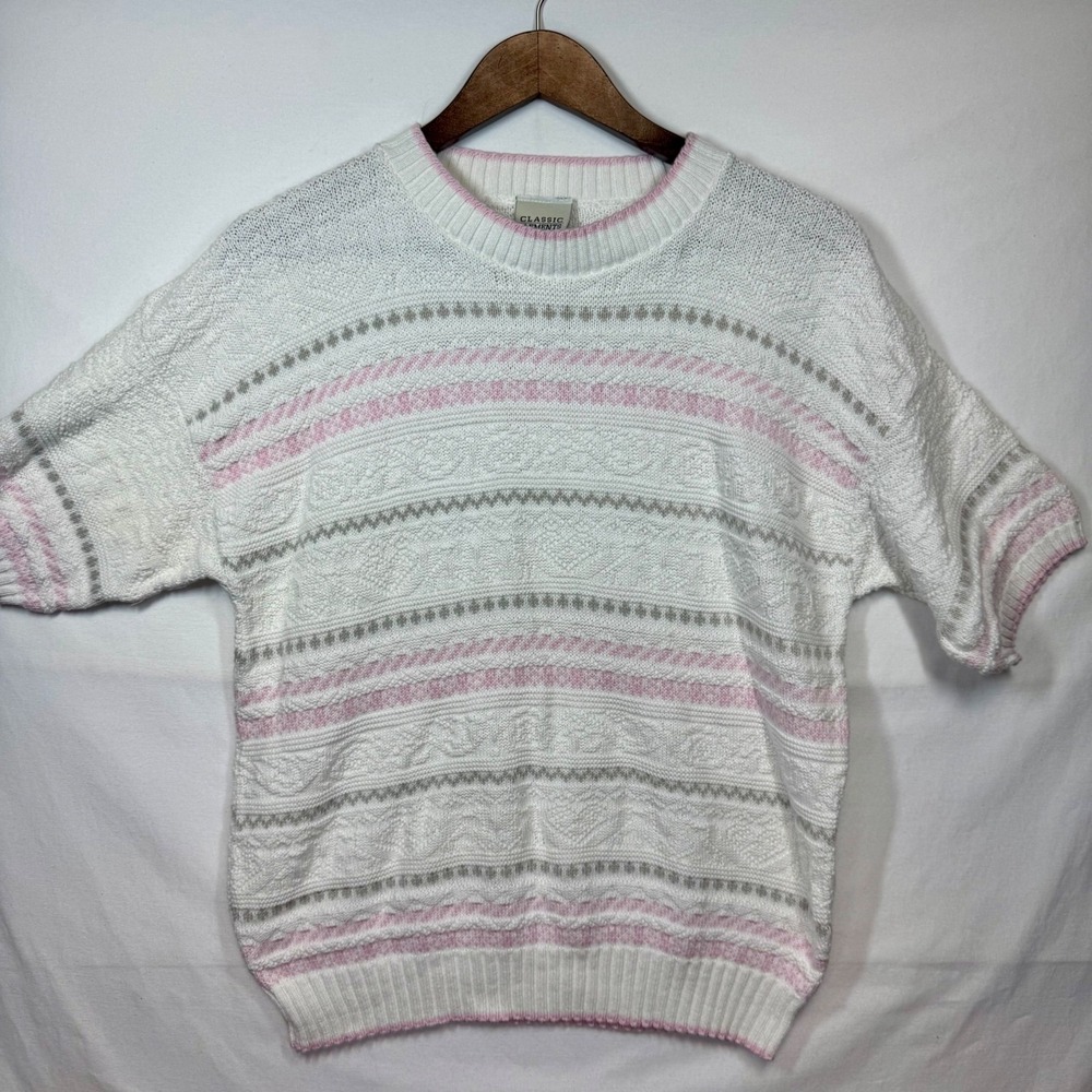 Classic Elements Knit Sweater‎ Short Sleeve Striped Pullover Pink Sz M/L No Tag